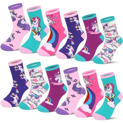 Abbildung von L&amp;K II 12er Kinder Mädchen Socken aus Baumwolle Kleinkind Einhorn Muster Kids Sneakersocken mehrfarbig bunt Herbst Winter 2883 Größe 31 34