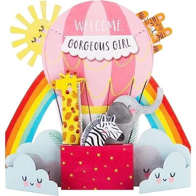 Abbildung von Hallmark Glückwunschkarte zur Geburt eines Mädchens niedliches 3D Pop Out Design mit Heißluftballon
