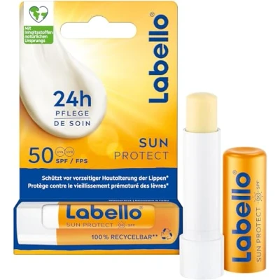Abbildung von Labello Sun Protect LSF 50, wasserfeste Lippenpflege mit hohem Sonnenschutz, mineralölfreie Sheabutter, Vitaminen &amp; natürlichen Ölen (4,8 g)