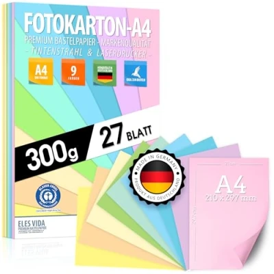 Abbildung von Buntes Papier Pastell Fotokarton DIN A4 300g 9 Farben Festes Farbige Pastel Blätter, Kinder &amp; DIY Bögen, Bastel, Pastellfarben 27 Blatt BLAUER ENGEL zertifiziert MADE IN GERMANY