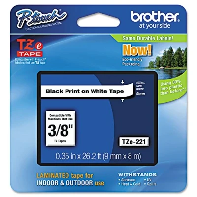 Abbildung von Brother TZe S221 P touch Schriftband (extra stark klebend, 9 mm breit und 8 m lang, laminiert, geeignet u.a. für PT H105, E100/VP, D200/BW/VP, D210/VP) schwarz auf weiß