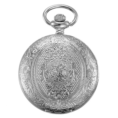Abbildung von JewelryWe Vintage 24H Taschenuhr Retro Blumen Muster Herren Unisex Kettenuhr Analog Quarz Uhr mit Halskette Kette Pocket Watch Geschenk Silber