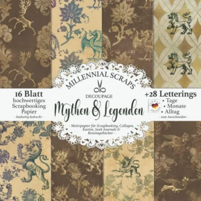 Abbildung von DECOUPAGE Mythen &amp; Legenden Motivpapier für Scrapbooking, Collagen, Karten, Junk Journals Reisetagebücher : DIY Papier Zubehör zum Ausschneiden mit Letterings I Kalender Basteln Deko Inspo