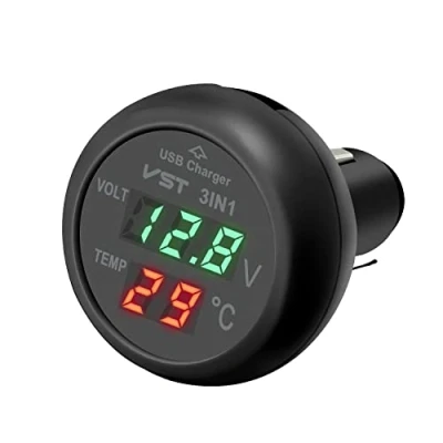 Abbildung von Hoembpn 3 in 1 Auto USB Ladegerät Voltmeter Thermometer mit LCD Digitalanzeige Temperatur Tester Batteriespannung Monitor für 12V 24V Wohnwagen LKW SUV Bus