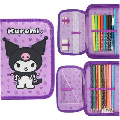 Abbildung von Hello Kitty Federmäppchen Mädchen Federtasche Gefüllt mit Schulsachen Buntstifte Filzstifte und Vieles Mehr Cinnamoroll Kuromi Sanrio Geschenk Idee (Flieder Kuromi)