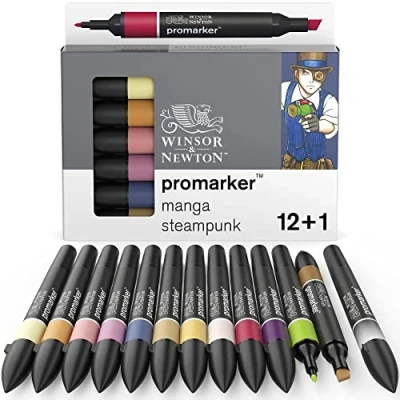 Abbildung von Winsor &amp; Newton 0290143 ProMarker, Professioneller Layoutmarker 2 Spitzen, fein und breit für Zeichnungen, Design Layouts 13 Farben Set Manga Steampunk