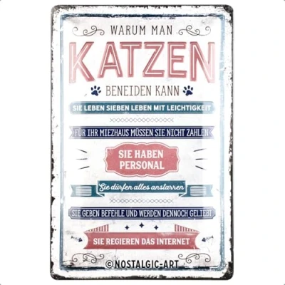 Abbildung von Nostalgic Art Retro Blechschild, 20 x 30 cm, PfotenSchild Warum man Katzen beneiden kann Geschenk Idee für Besitzer, aus Metall, Vintage Design mit Spruch