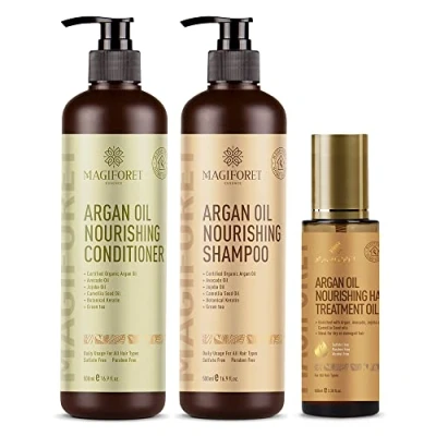 Abbildung von MagiForet Haarpflege Set mit ArganölShampoo 500ml + Conditioner Haarserum 100ml, Anti Frizz, Sulfatfrei, Parabenfrei pflegt Locken, krauses und farbbehandeltes Haarweich geschmeidig