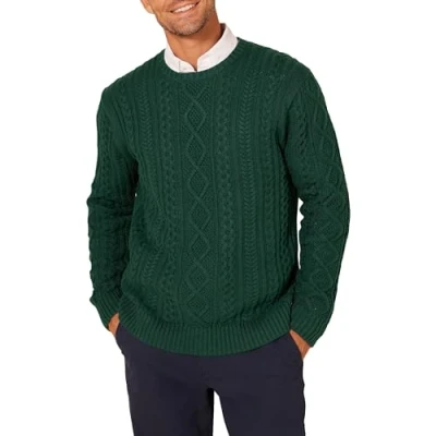 Abbildung von Amazon Essentials Herren Pullover mit Langen Ärmeln und Rundhalsausschnitt aus 100% Baumwolle Zopfmuster, Dunkelgrün, XXL