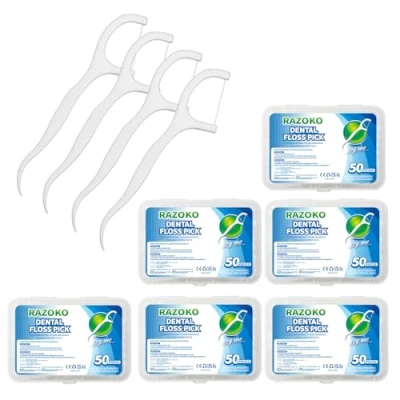 Abbildung von Zahnseide Sticks,Einwegzahnseide Dental Floss Zahnpflege Interdental Flosser mit tragbarem Reiseetui und Zahnstocher, perfekt für Familien, Hotels Reisen (50 Stück (6er Pack))