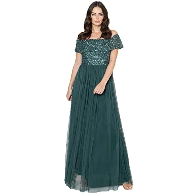 Abbildung von Maya Deluxe Ladies Bardot Dress for Women Maxi Embellished Hight Empire Waist Sleeveless Tulle Wedding Guest Prom Graduation Emerald Green Size 42 EU (14 UK)