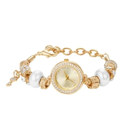 Abbildung von JewelryWe Damenuhr Glitzer Uhren Damen: Gold Bling Zirkonia Perlen Analog Quarz Armbanduhr Verstellbar Metallarmband Klein Schmal Lässige Uhr mit Schlüssel Anhänger Geschenk für Frau Mädchen