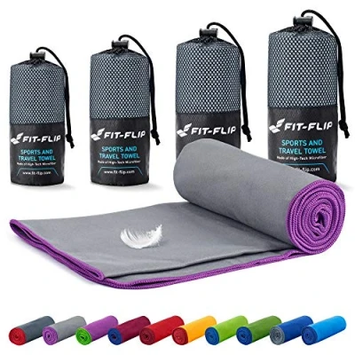 Abbildung von Fit Flip Mikrofaser Handtuch kompakt, leicht und schnelltrocknend Microfaser Handtücher als Reisehandtuch, Sporthandtuch, Strandtuch Badetuch groß (40x80cm, Grau mit Lila Rand)