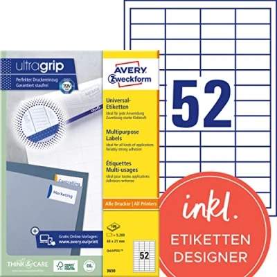 Abbildung von AVERY Zweckform 3650 Universal Etiketten (5.200 Klebeetiketten, 48x21mm auf A4, Papier matt, individuell bedruckbar, selbstklebende Aufkleber mit ultragrip) 100 Blatt, weiß