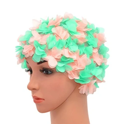 Abbildung von Medifier Badekappe mit Blumenmuster, Retro Stil, für Damen, Rosa/Grün