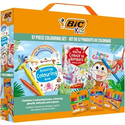 Abbildung von BIC Kids Stifte Set mit Malbuch: 18 Buntstifte, Filzstifte, Malkreiden, 3 Malbücher und 50 Sticker