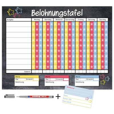 Abbildung von Belohnungstafel mit Aufgaben Liste für 3 Kinder inkl. Belohnungskarten I 40 x 30 cm Stift abwischbar magnetisch Haushaltsplaner Kleinkinder und Jugendliche dv_788