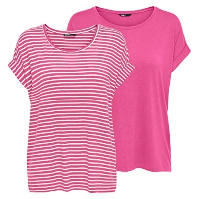 Abbildung von ONLY Damen O Neck Top T Shirt Moster 2er Pack Basic Kurzarm Rundhals Regular Fit Oberteil Streifen Blau Rose Grün Schwarz XS S M L XL XXL, Größe:XS, Farbe:Gin Fizz w/cd Stripes, (15301600)