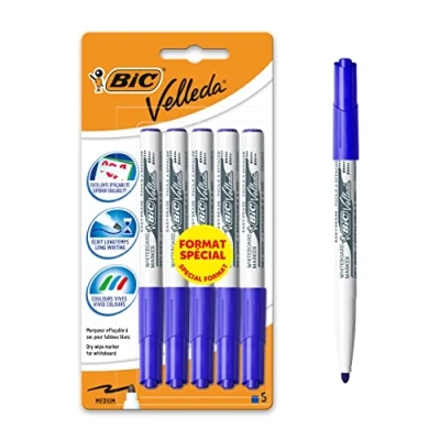 Abbildung von BIC Velleda 1741 Filzstifte für Whiteboards, trocken abwischbar, mittlere konische Spitze, Blau, 5 Stück