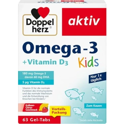 Abbildung von Doppelherz Omega 3 plus D3 Kids, Vitamin D wird für ein gesundes Wachstum und eine gesunde Entwicklung der Knochen bei Kindern benötigt, 63 Gel Tabs
