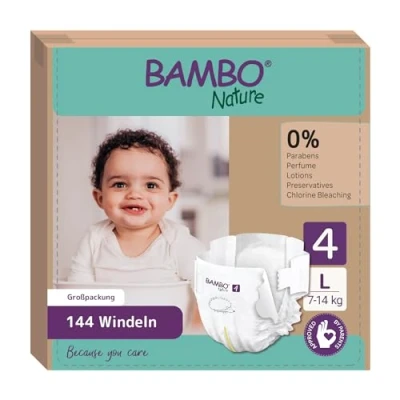Abbildung von Bambo Nature Baby Windeln Größe 4 (7 14kg) 144 St. Monatsbox Premium Diapers mit verbesserter Auslaufsicherheit Ultimativen Komfort &amp; Freiheit für Aktive Kinder, Dermatologisch getestet Nappies