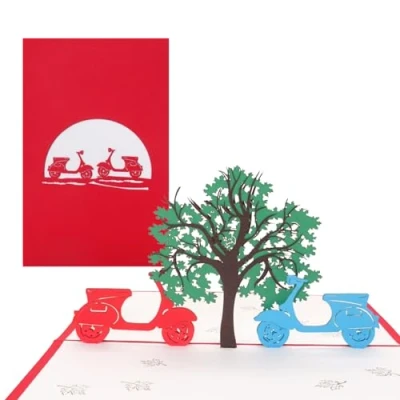 Abbildung von 3D Pop Up Karte Motorroller in Love Klappkarte Reisegutschein, Hochzeitskarte, Hochzeitseinladung, Einladungskarte 3D, Geschenkgutschein Führerschein