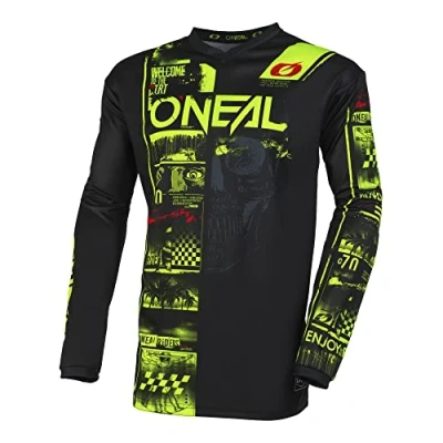 Abbildung von O&#039;NEAL Motocross Shirt Langarm MX MTB Mountainbike Passform für Maximale Bewegungsfreiheit, Eingenähter Ellbogenschutz Element Jersey Attack V.23 Erwachsene Schwarz Neon Gelb Größe M