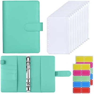 Abbildung von HAUTOCO Budget Planner Deutsch, A6 Binder, Budgetplaner, Ringbuch mit 12 Binder Taschen, Finanzplaner Etiketten, Sparbuch für Geld, Reisen Tagebuch, Mintblau