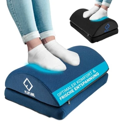 Abbildung von FLIPLINE Fußstütze Schreibtisch Blau, Abnehmbarer &amp; Waschbarer Mesh Bezug, Höhenverstellbare Fußbank, Rutschfest Fußablage Schreibtisch, Fußhocker Büro Homeoffice Zubehör, Ergonomische Footrest
