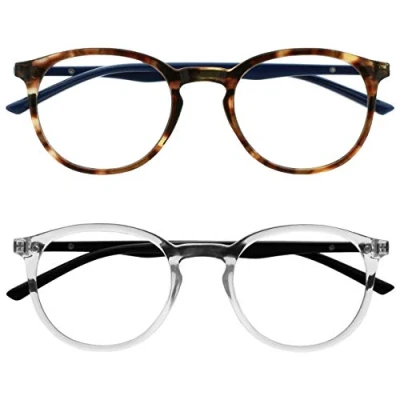 Abbildung von OPULIZE Met Lesebrille Blaulichtfilter 2er Pack Schlank Runder Rahmen Federscharniere Verbessert Schlaf Computer Gaming Entspiegelt Braun Transparent Herren Damen BB60 2C +1.50