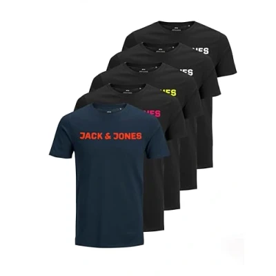 Abbildung von JACK &amp; JONES Herren JJECORP Logo Tee SS Crew Neck 5er Pack Kurzarm T Shirt, C, Navy Blazer/4xBlack, XL