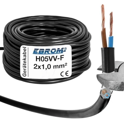 Abbildung von EBROM Kunststoff Schlauchleitung RUND, Kabel, Stromkabel, Leitung, Gerätekabel H05VV F 2x1,0 mm² Farbe: schwarz Viele Längen in 5 Meter Schritten bis 200 2x1 mm2, Ihre Kabellänge: 20