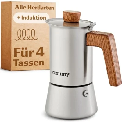 Abbildung von Cosumy Espressokocher Induktion für alle Herdarten geeignet 4 Tassen Mokkakanne Edelstahl &amp; FSC Eichenholz Extra Silikondichtung 200ml