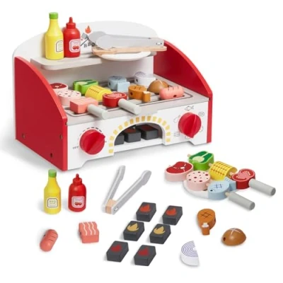Abbildung von VEVOR Grill Spielset für Kinder, Holzgrill mit realistischem Kohlenfeuer, Küchenzubehör aus Holz zum Spielen von Lebensmitteln (26 teilig), Rollenspielspielzeug Kinder ab 3 Jahren