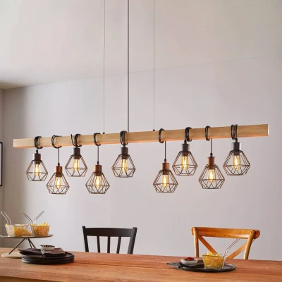 Abbildung von EGLO Pendellampe Townshend 5, 9 flammige Vintage Pendelleuchte im Industrial Design, Retro Hängelampe aus Stahl und Holz, Farbe Schwarz, braun, FSC zertifiziert, E27