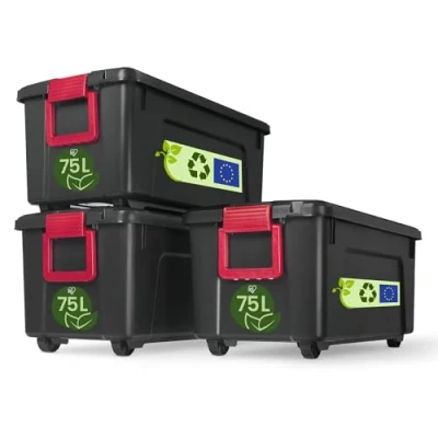 Abbildung von Iris Ohyama, große Kunststoff Aufbewahrungsbox, 75 l Garagen 3er Set, SIA 75, schwarz, stapelbar, Verschlussklammern B78 x T39,5 H35 cm
