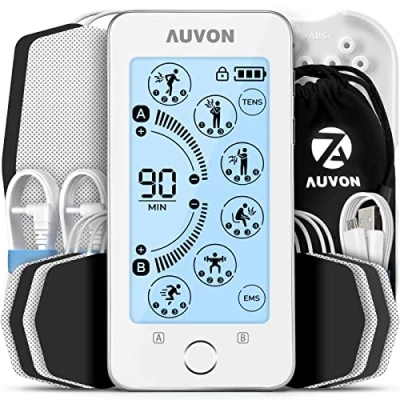 Abbildung von AUVON TENS Gerät, EMS Trainingsgerät für Schmerzlinderung Therapie mit Größem Touchscreen, 24 Trainigsprogramme, 2 Kanäle, 40 Stunden Standby Zeit, 10 Stück Premium Elektroden Pads
