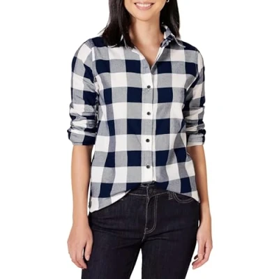 Abbildung von Amazon Essentials Damen Leichtes, Langärmeliges, Kariertes Flanellhemd, Klassischer Schnitt, Marineblau Buffalokaros, L