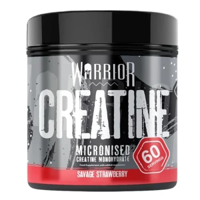 Abbildung von Warrior Kreatin Monohydrat Pulver 300g Mikronisierte Verbessert nachweislich die körperliche Leistungsfähigkeit und Regeneration (als Tabletten, keine Gummies) 5g pro Portion (Savage Strawberry)