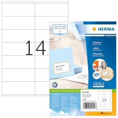 Abbildung von HERMA 4452 Universal Etiketten, 100 Blatt, 105 x 42 mm, 14 pro A4 Bogen, 1400 Stück, selbstklebend, bedruckbar, matt, blanko Papier Klebeetiketten Aufkleber, weiß