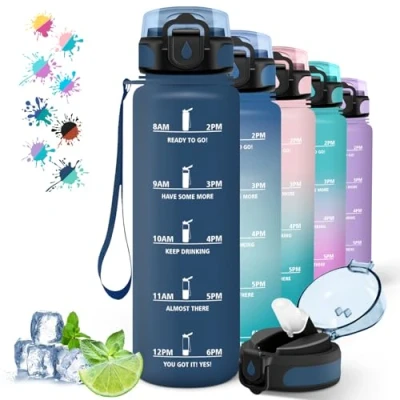 Abbildung von Trinkflasche 1l, mit Strohhalm, Sport Motivierendem Slogan, Auslaufsicher, Zeitmarkierung, Wasserflasche für Fahrrad, Camping, Wandern, Running, Navyblau