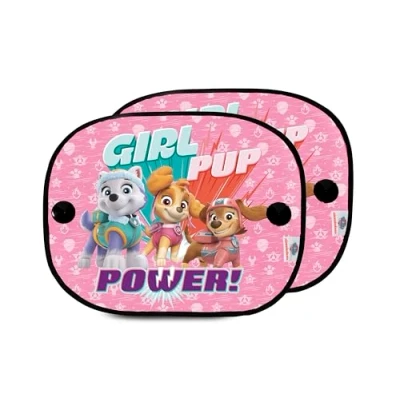 Abbildung von Paw Patrol 2er Set mikroperforierte seitliche Auto Sonnenblenden für Mädchen mit den Figuren Skye, Liberty und Everest. Schützt vor Sonneneinstrahlung Hitze.