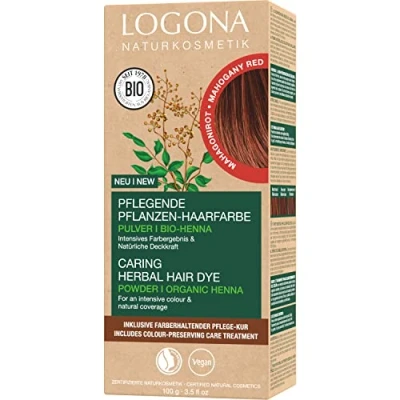 Abbildung von LOGONA Naturkosmetik Pflegende pflanzliche Haarfarbe, Veganes Haarfarbe Pulver mit Bio Henna für intensive Farbe und Glanz, Pflanzenhaarfarbe in Mahagonirot (Rot Braun), 1 x 100g