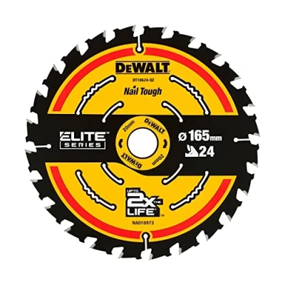 Abbildung von Dewalt Elite Kreissägeblatt DT10624 (Sägeblatt ø 165/20 mm, Schnittbreite: 1,65 24 Zähne, Zahngeometrie: WZ, Zahnwinkel: 18, ultra scharfe Hartmetall mit Nail Tough, für Universal Einsatz)