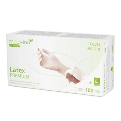 Abbildung von Medi Inn Premium Latex Handschuhe, puderfrei, medizinische Untersuchungshandschuhe, 100 Stück, groß, weiß,