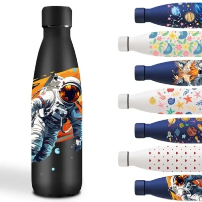 Abbildung von Trinkflasche 500ml, Edelstahl BPA Freie, Wasserflasche Kalt&amp;Warm, Personalisiert mit Astronaut, Auslaufsicher, Kinder für Schule, Camping, Running, Schwarz