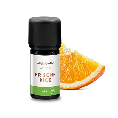 Abbildung von AllgäuQuelle® BIO Duftöl Mischung Frische Kick. 100% ätherische Öle aus Lemongrass, Orange, Bergamotte (kbA) vegane und naturreine Duftmischung für Aroma Diffusor/Duftlampe, 5 ml