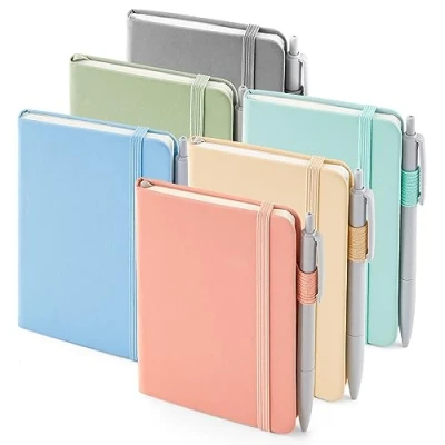 Abbildung von feela Notizbuch A6, 6 Stück Notizblock klein, bunte Journale Buch Bulk mit Gelstiften schwarz, 112 Seiten, 80GSM, 9x14cm, Mini liniert geeignet für Büro, Schule, Notizheft PU Leder
