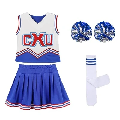 Abbildung von LOLANTA Mädchen rot &amp; blau Cheerleader Kostüm befestigen Pom Poms Socken, Kinder Cheer Outfit Karneval Kostüm, Blau, 5 6 Jahre, 120