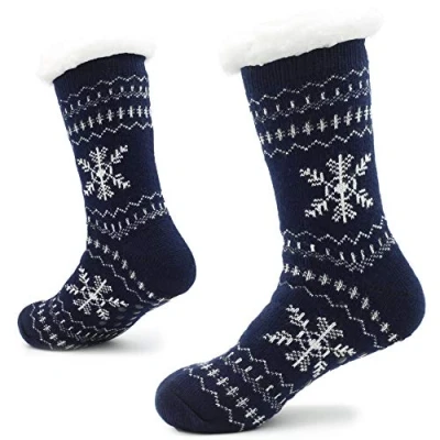 Abbildung von CityComfort Hausschuhe Slipper Socken für Herren mit Sherpa Wollschicht Bettpantoffeln den Menschen rutschfeste norwegische,Schneeflocke Blau,41/46 EU
